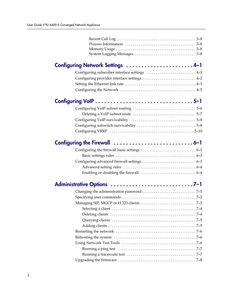 Configuring network settings –1, Configuring voip –1, Configuring the firewall –1 | Administrative options –1 | Polycom V2IU Converged Network Appliance 6400-S User Manual | Page 4 / 82