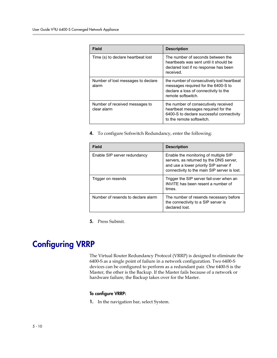 Configuring vrrp, Configuring vrrp –10 | Polycom V2IU Converged Network Appliance 6400-S User Manual | Page 40 / 82