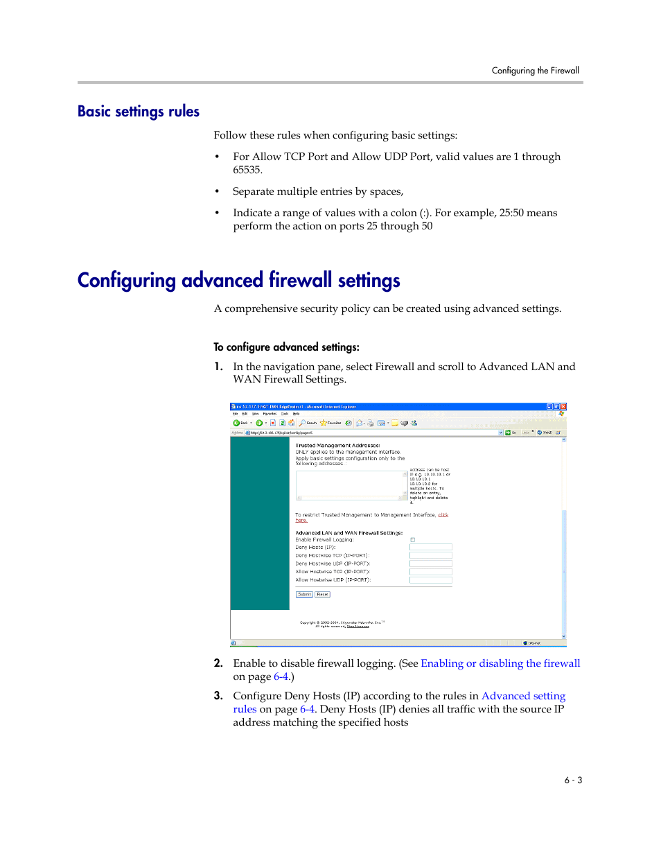 Basic settings rules, Configuring advanced firewall settings, Basic settings rules –3 | Configuring advanced firewall settings –3 | Polycom V2IU Converged Network Appliance 6400-S User Manual | Page 45 / 82