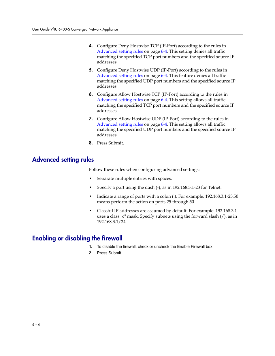 Advanced setting rules, Enabling or disabling the firewall, Advanced setting | Rules | Polycom V2IU Converged Network Appliance 6400-S User Manual | Page 46 / 82