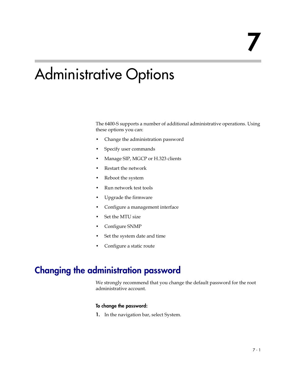 Administrative options, Changing the administration password, Administrative options –1 | Changing the administration password –1 | Polycom V2IU Converged Network Appliance 6400-S User Manual | Page 47 / 82