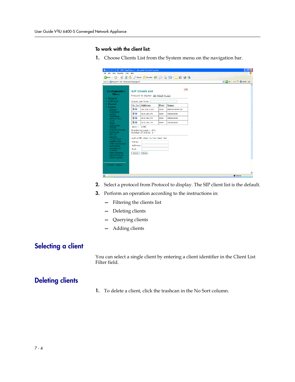 Selecting a client, Deleting clients, Selecting a client –4 deleting clients –4 | Polycom V2IU Converged Network Appliance 6400-S User Manual | Page 50 / 82