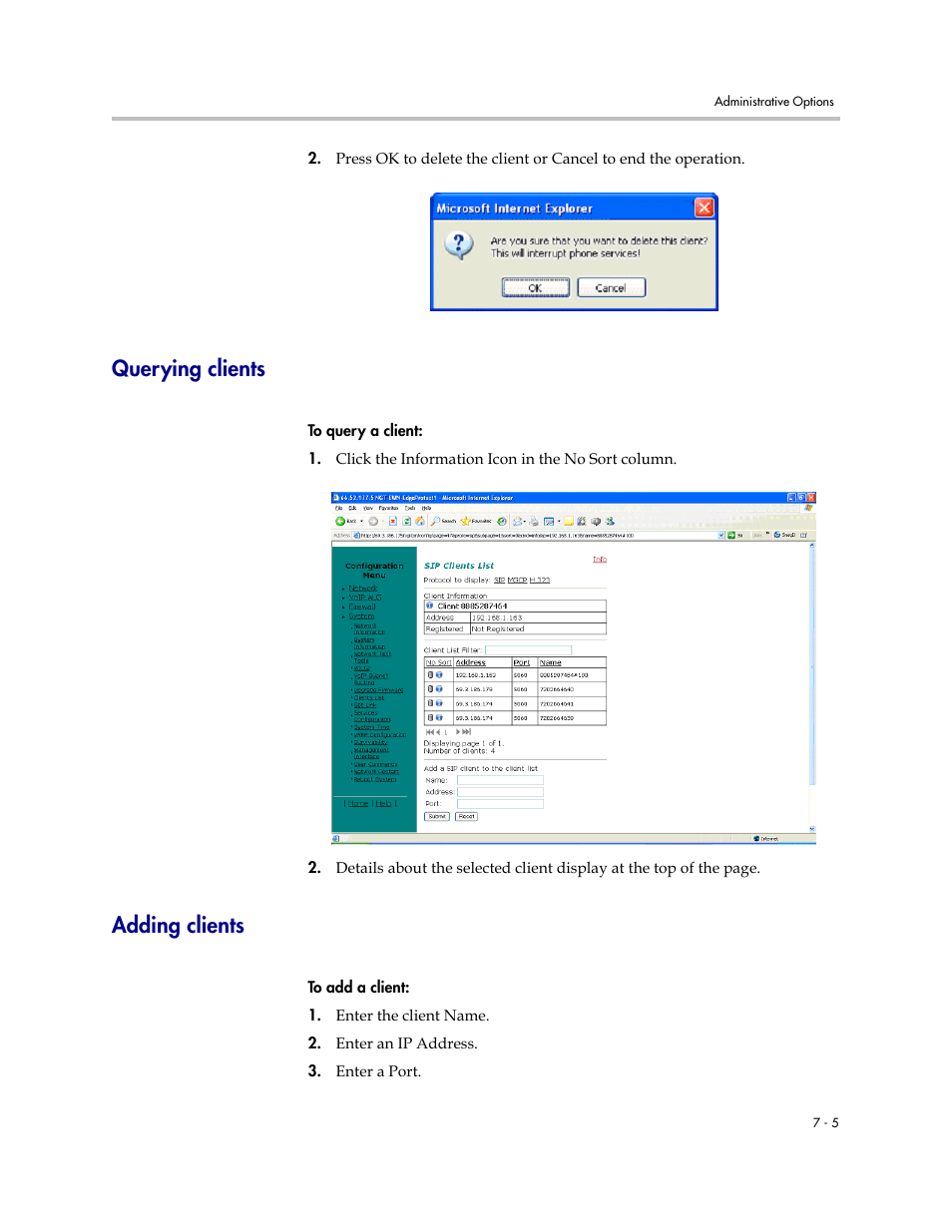 Querying clients, Adding clients, Querying clients –5 adding clients –5 | Polycom V2IU Converged Network Appliance 6400-S User Manual | Page 51 / 82