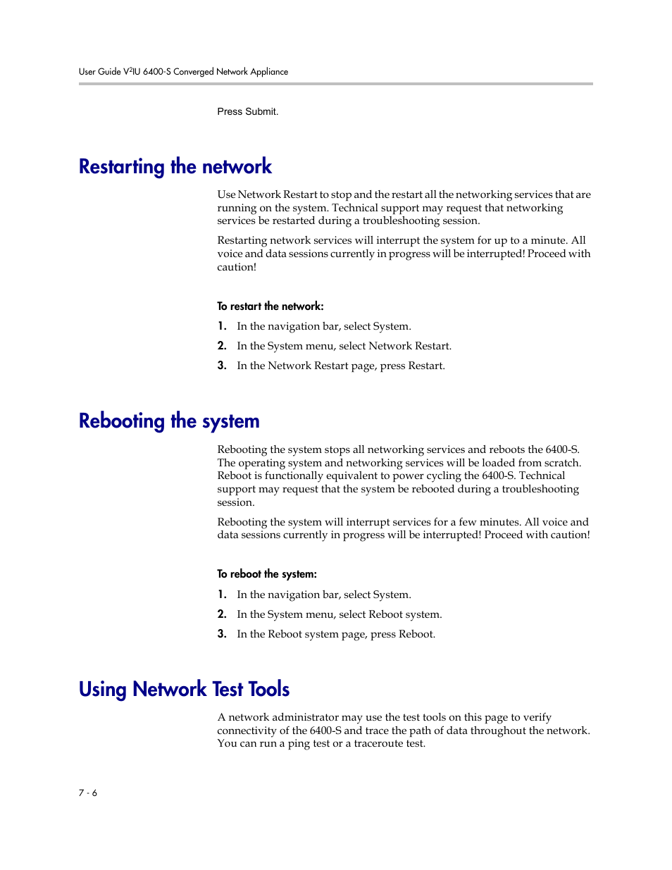 Restarting the network, Rebooting the system, Using network test tools | Polycom V2IU Converged Network Appliance 6400-S User Manual | Page 52 / 82