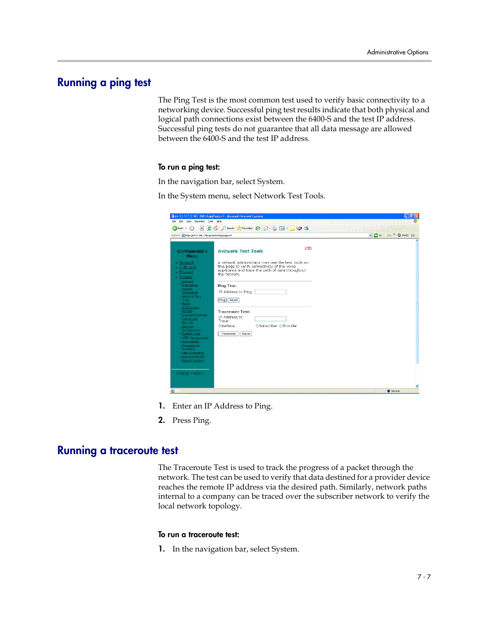 Running a ping test, Running a traceroute test | Polycom V2IU Converged Network Appliance 6400-S User Manual | Page 53 / 82