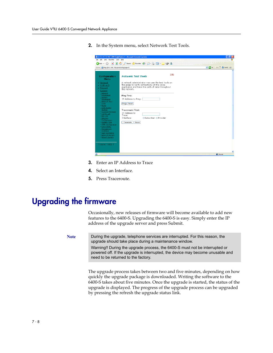 Upgrading the firmware, Upgrading the firmware –8 | Polycom V2IU Converged Network Appliance 6400-S User Manual | Page 54 / 82