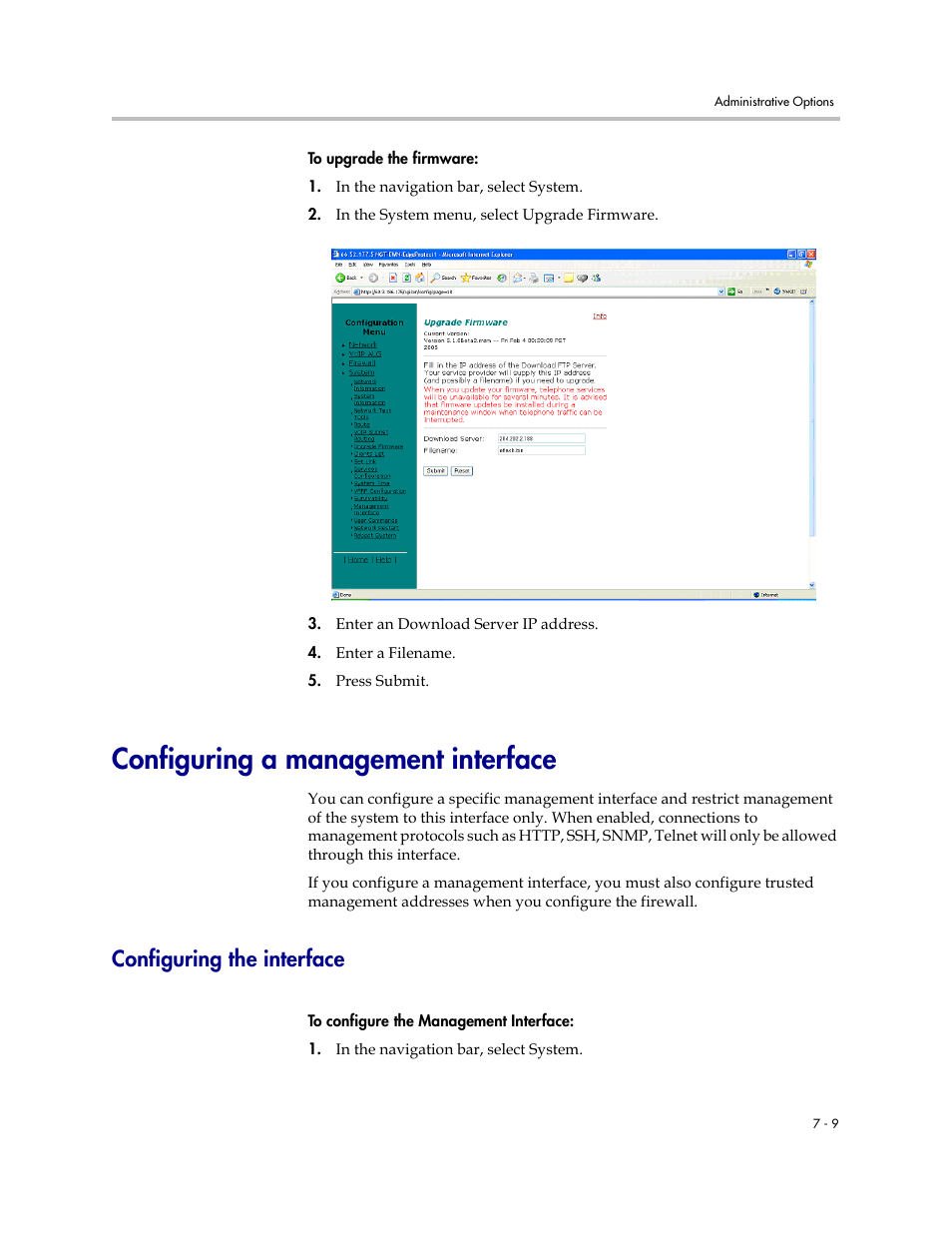 Configuring a management interface, Configuring the interface, Configuring a management interface –9 | Configuring the interface –9, Configuring a, Management interface | Polycom V2IU Converged Network Appliance 6400-S User Manual | Page 55 / 82