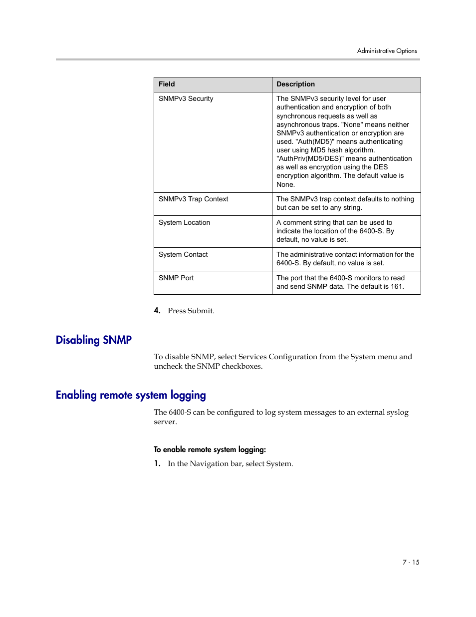 Disabling snmp, Enabling remote system logging | Polycom V2IU Converged Network Appliance 6400-S User Manual | Page 61 / 82