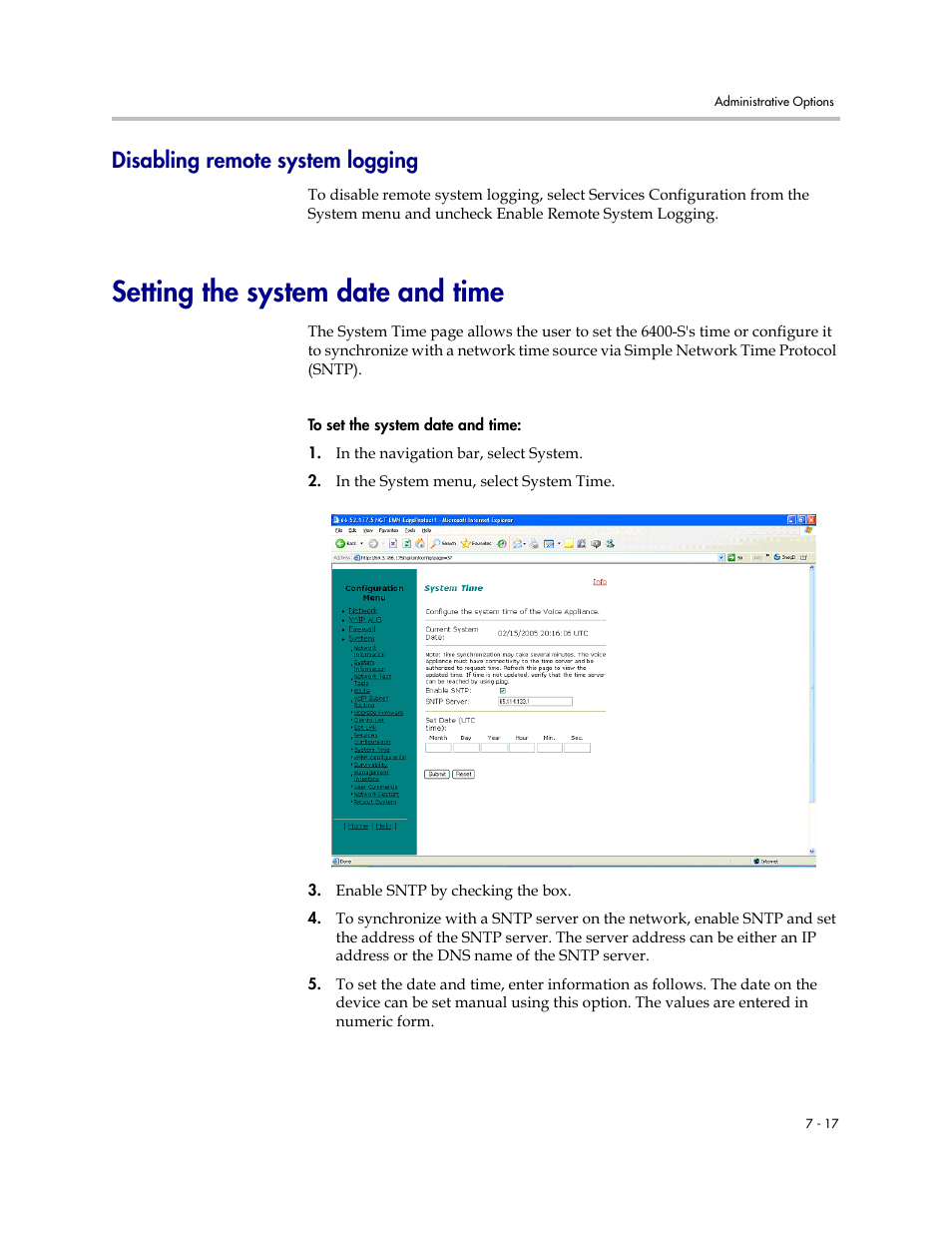 Disabling remote system logging, Setting the system date and time, Disabling remote system logging –17 | Setting the system date and time –17 | Polycom V2IU Converged Network Appliance 6400-S User Manual | Page 63 / 82