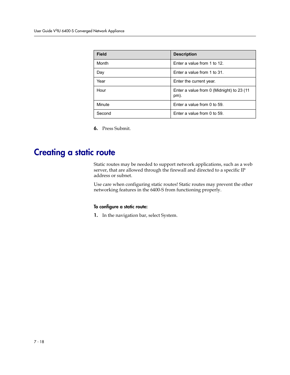 Creating a static route, Creating a static route –18 | Polycom V2IU Converged Network Appliance 6400-S User Manual | Page 64 / 82