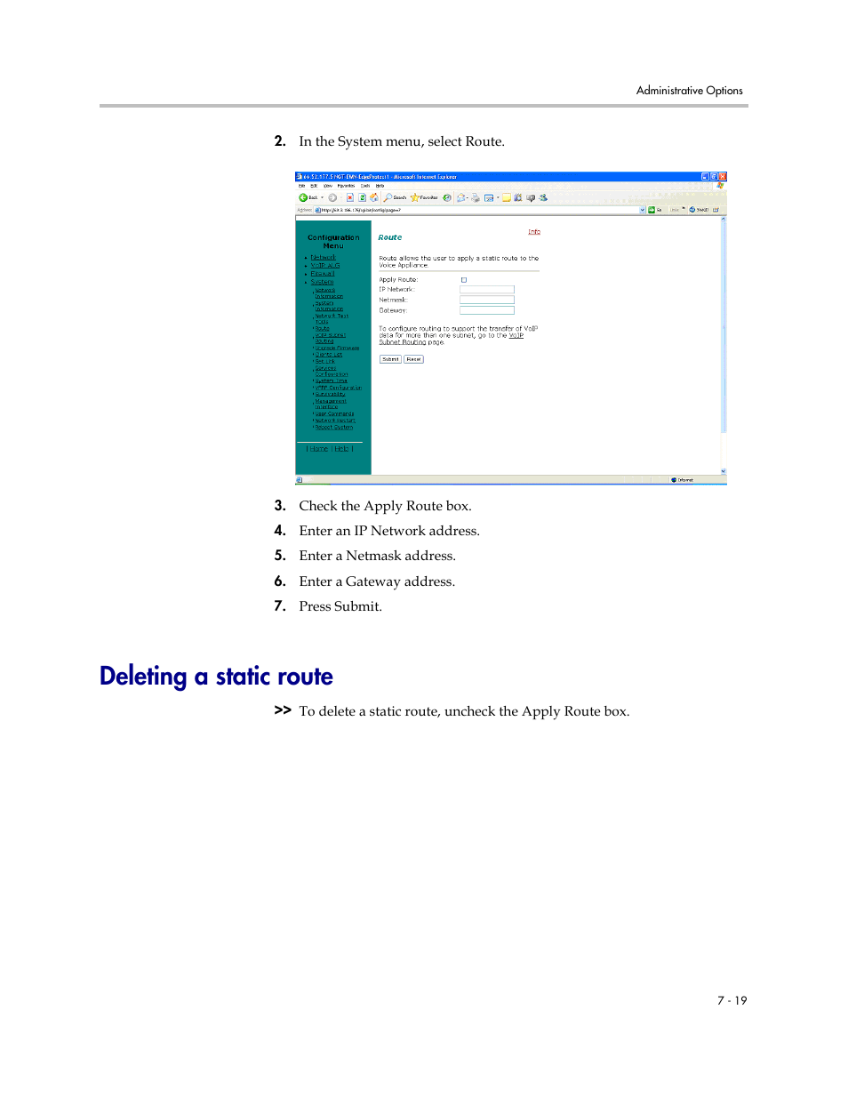 Deleting a static route, Deleting a static route –19 | Polycom V2IU Converged Network Appliance 6400-S User Manual | Page 65 / 82