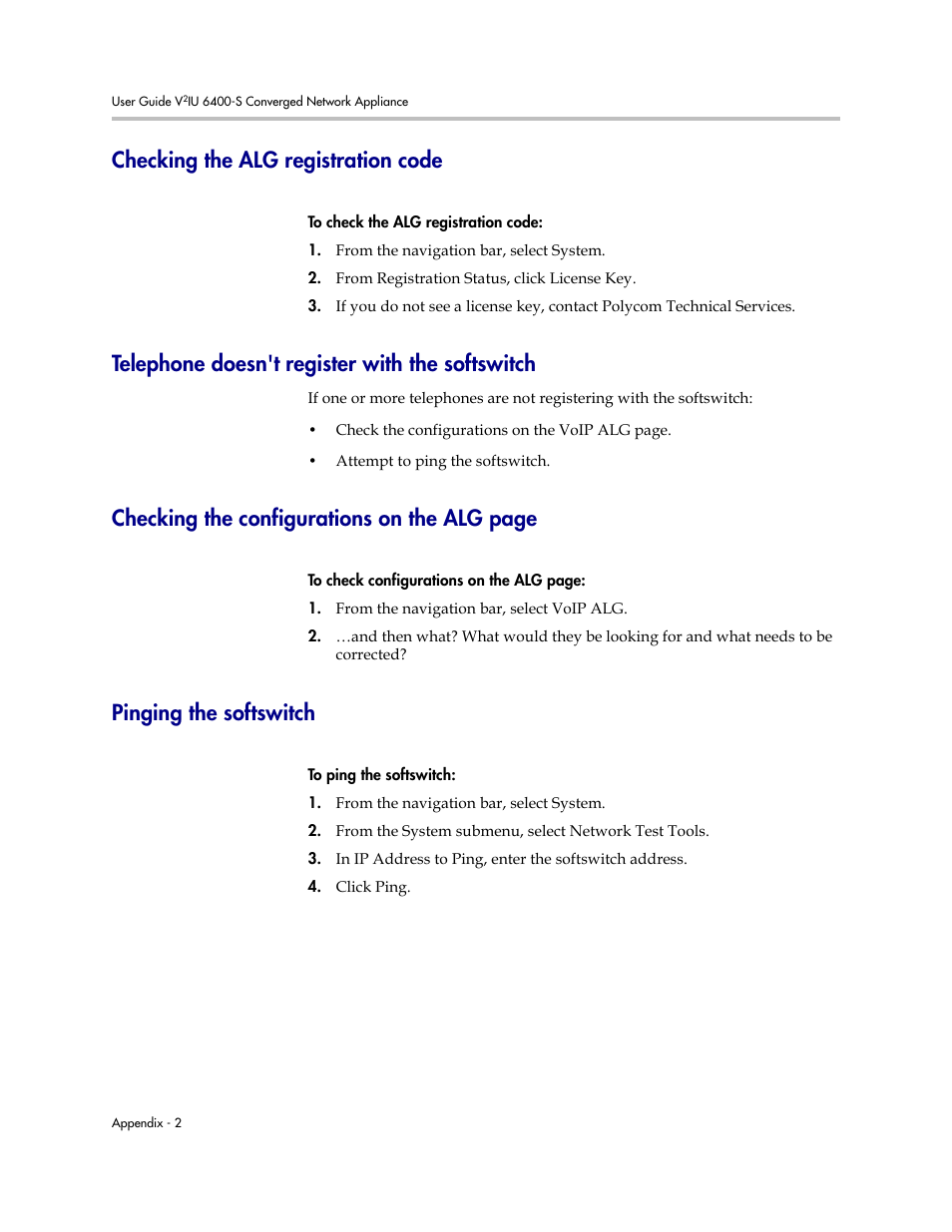 Checking the alg registration code, Telephone doesn't register with the softswitch, Pinging the softswitch | Checking the configurations on the alg page | Polycom V2IU Converged Network Appliance 6400-S User Manual | Page 68 / 82