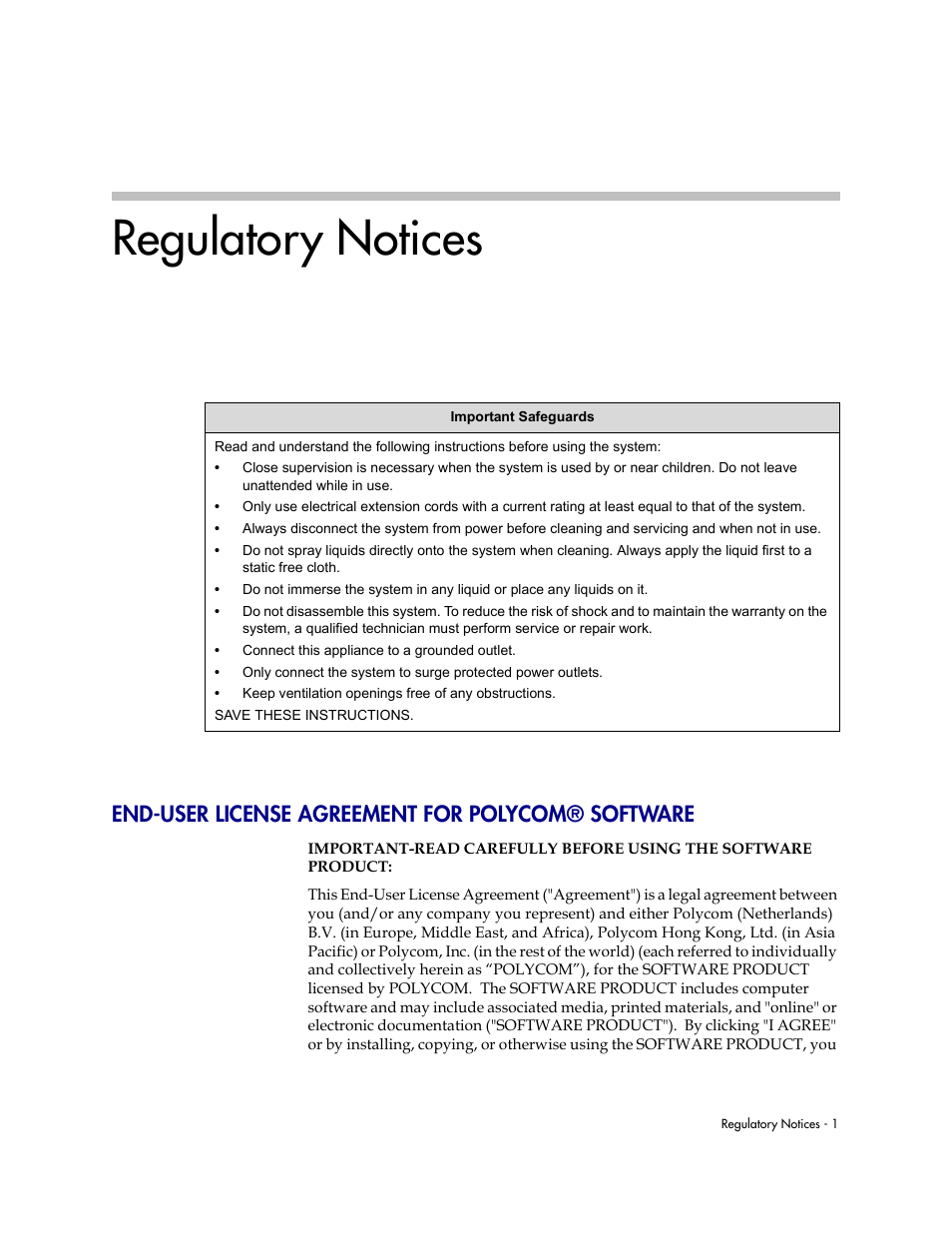 Regulatory notices, End-user license agreement for polycom® software | Polycom V2IU Converged Network Appliance 6400-S User Manual | Page 69 / 82