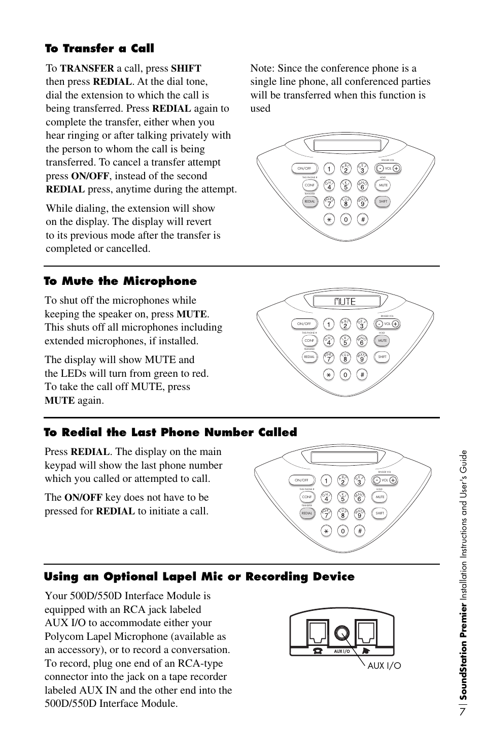 Again. to mute the microphone press, Key does not have to be pressed for, A call, press | Then press, Instead of the second, Mute, Redial, On/off, Transfer, Shift | Polycom 500D User Manual | Page 13 / 28