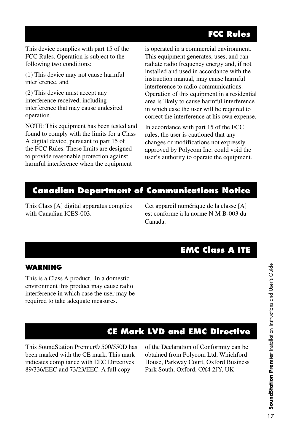 Fcc rules, Canadian department of communications notice, Emc class a ite | Ce mark lvd and emc directive | Polycom 500D User Manual | Page 23 / 28