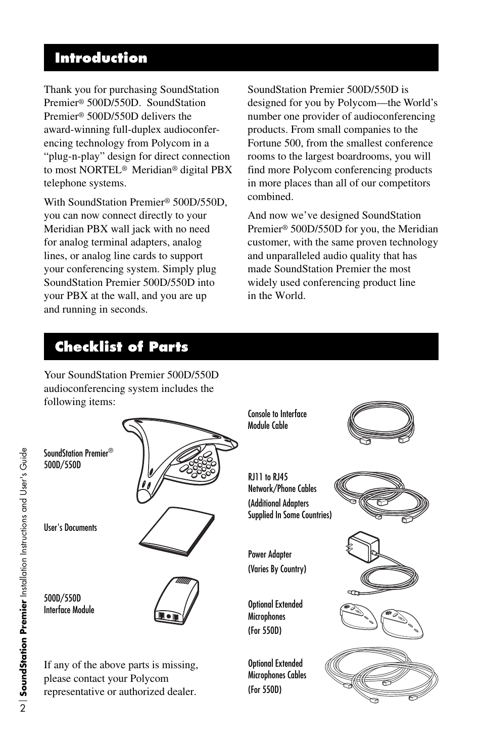 Introduction, Checklist of parts | Polycom 500D User Manual | Page 8 / 28
