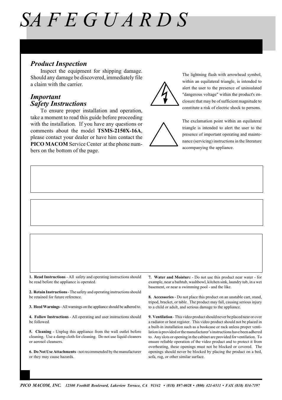 Important information, Product inspection, Important safety instructions | Pico Macom TSMS-16A User Manual | Page 2 / 7