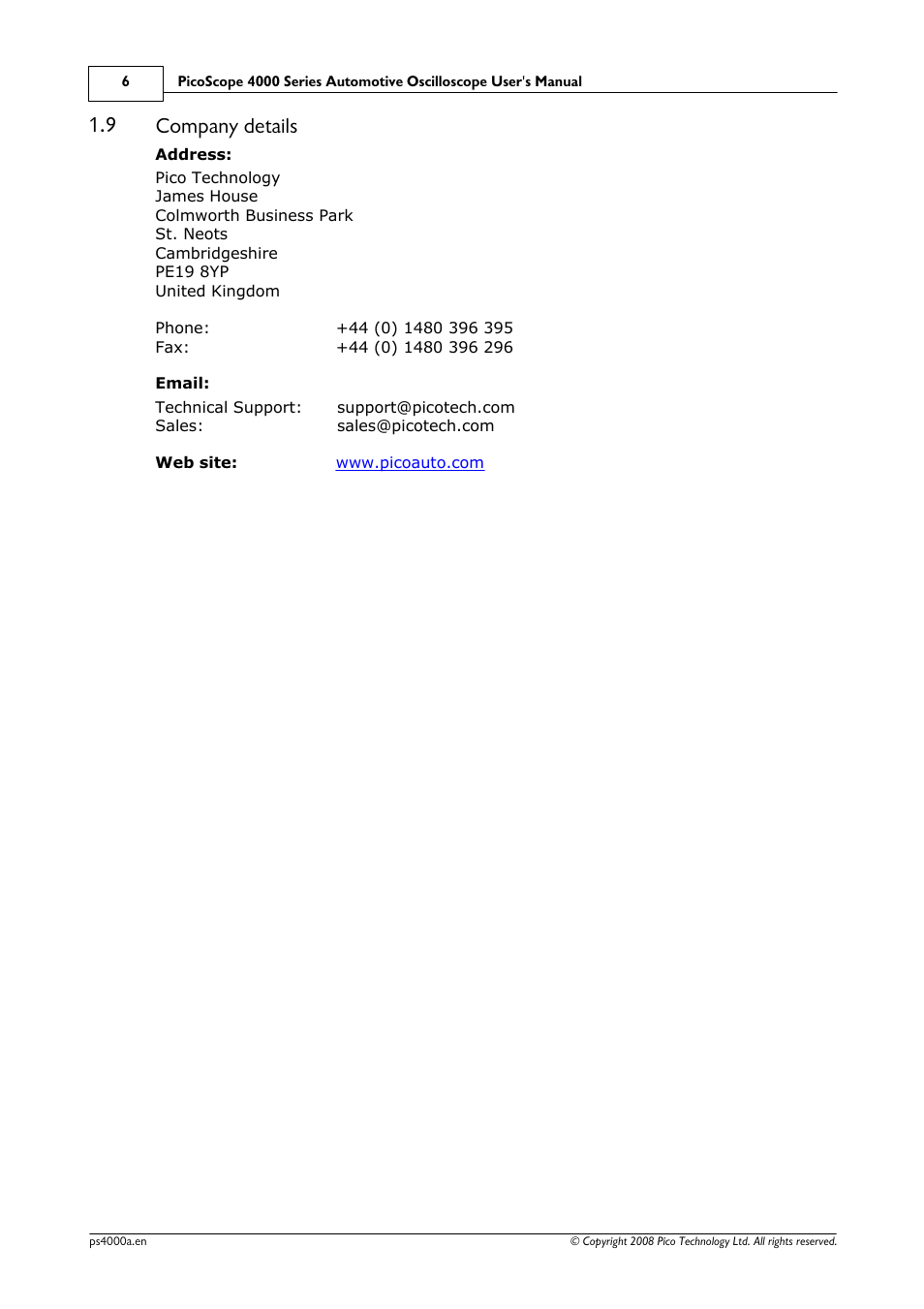 Company details, 9 company details | Pico Macom Pico Technology PicoScope 4000 Automotive PC Oscilloscopes User Manual | Page 10 / 18