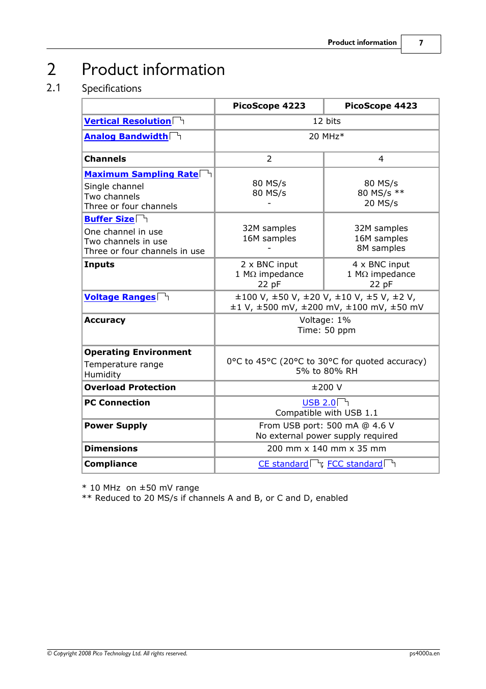 Product information, Specifications, 1 specifications | 2product information | Pico Macom Pico Technology PicoScope 4000 Automotive PC Oscilloscopes User Manual | Page 11 / 18