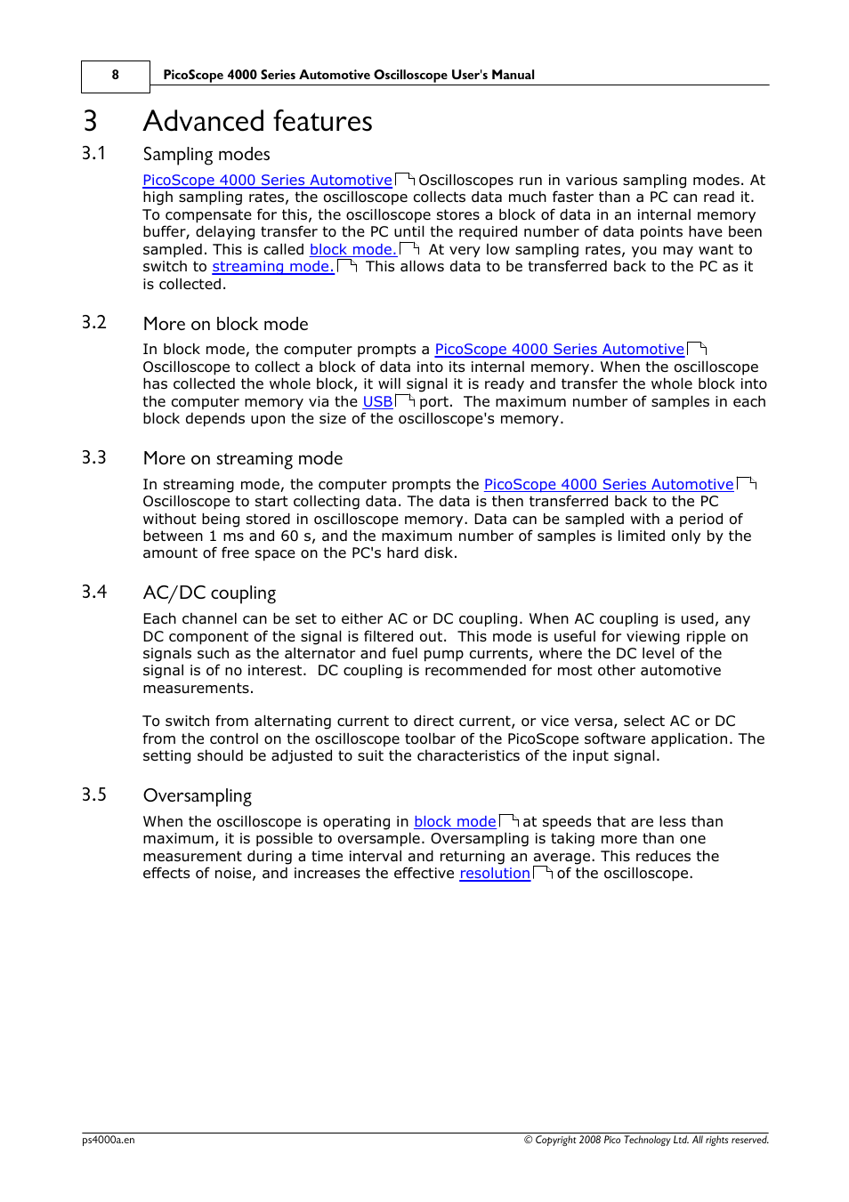 Advanced features, Sampling modes, More on block mode | More on streaming mode, Ac/dc coupling, Oversampling, 1 sampling modes, 2 more on block mode, 3 more on streaming mode, 4 ac/dc coupling | Pico Macom Pico Technology PicoScope 4000 Automotive PC Oscilloscopes User Manual | Page 12 / 18
