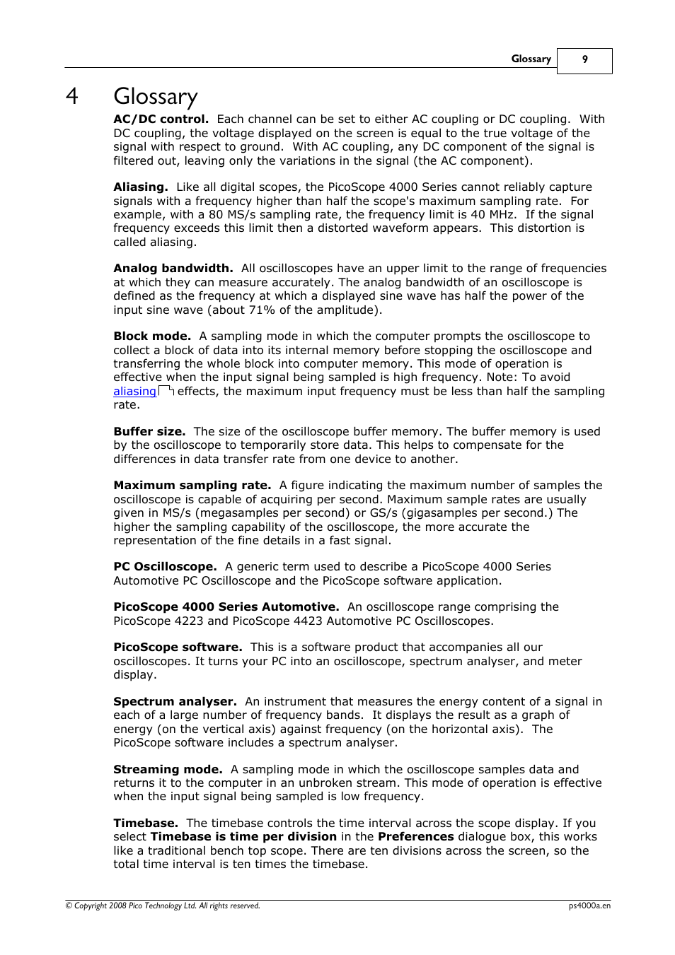 Glossary, 4 glossary, Picoscope 4000 series automotive | Picoscope, Software, Which turns your pc into a powerful, Pc oscilloscope, You must install the, Picoscope software, Analog bandwidth | Pico Macom Pico Technology PicoScope 4000 Automotive PC Oscilloscopes User Manual | Page 13 / 18