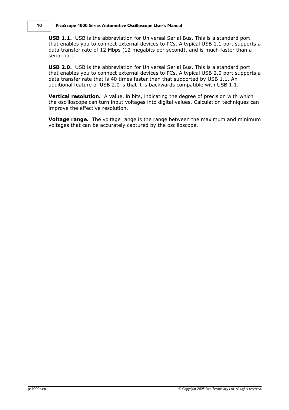 Usb 2.0, Backwards-compatible with, Usb 1.1 | Vertical resolution, Voltage ranges | Pico Macom Pico Technology PicoScope 4000 Automotive PC Oscilloscopes User Manual | Page 14 / 18