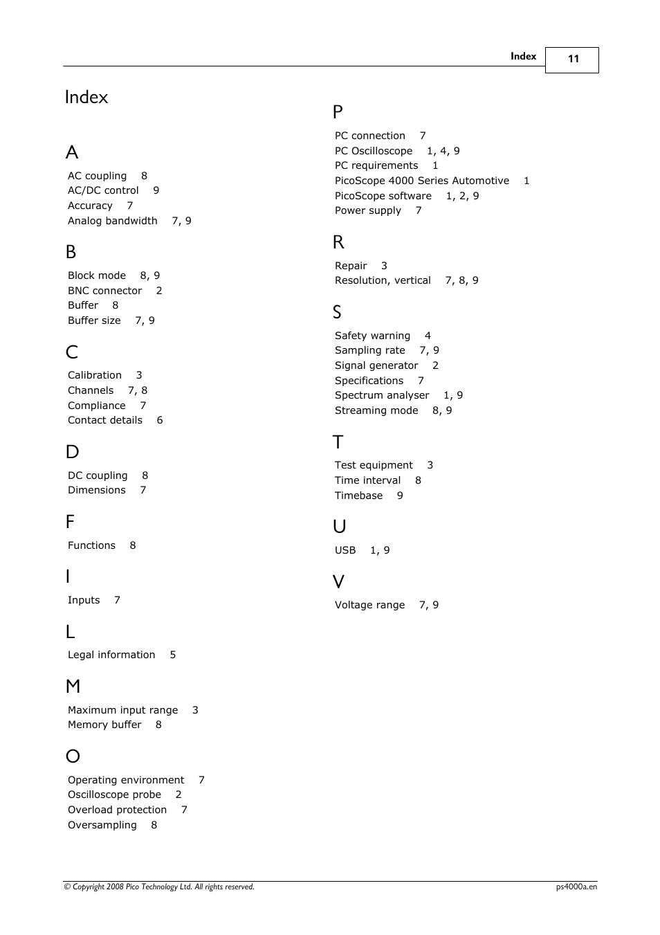 Index a | Pico Macom Pico Technology PicoScope 4000 Automotive PC Oscilloscopes User Manual | Page 15 / 18