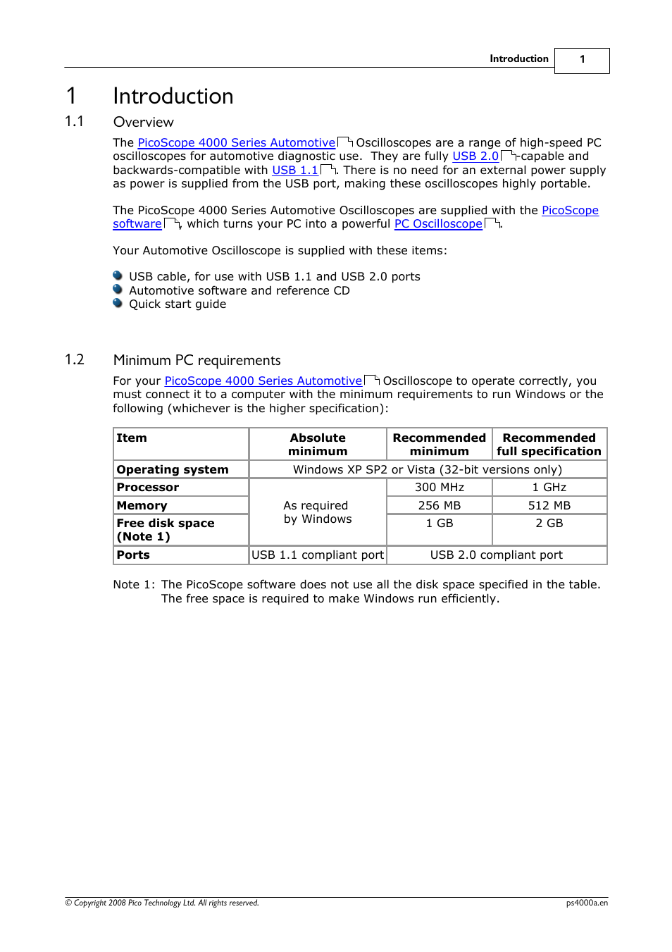 Introduction, Overview, Minimum pc requirements | 1 overview, 2 minimum pc requirements, 1introduction | Pico Macom Pico Technology PicoScope 4000 Automotive PC Oscilloscopes User Manual | Page 5 / 18