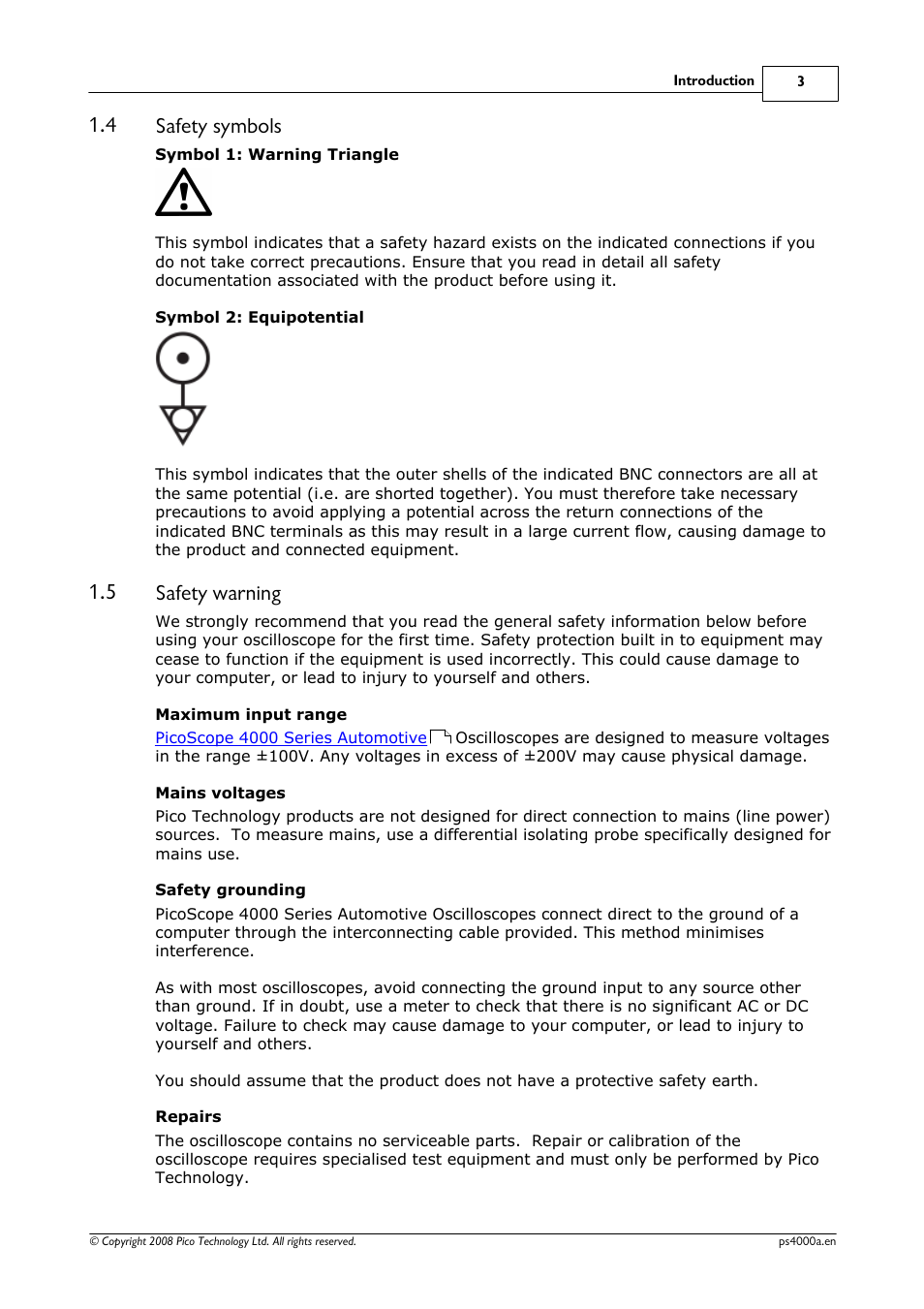 Safety symbols, Safety warning, 4 safety symbols | 5 safety warning | Pico Macom Pico Technology PicoScope 4000 Automotive PC Oscilloscopes User Manual | Page 7 / 18