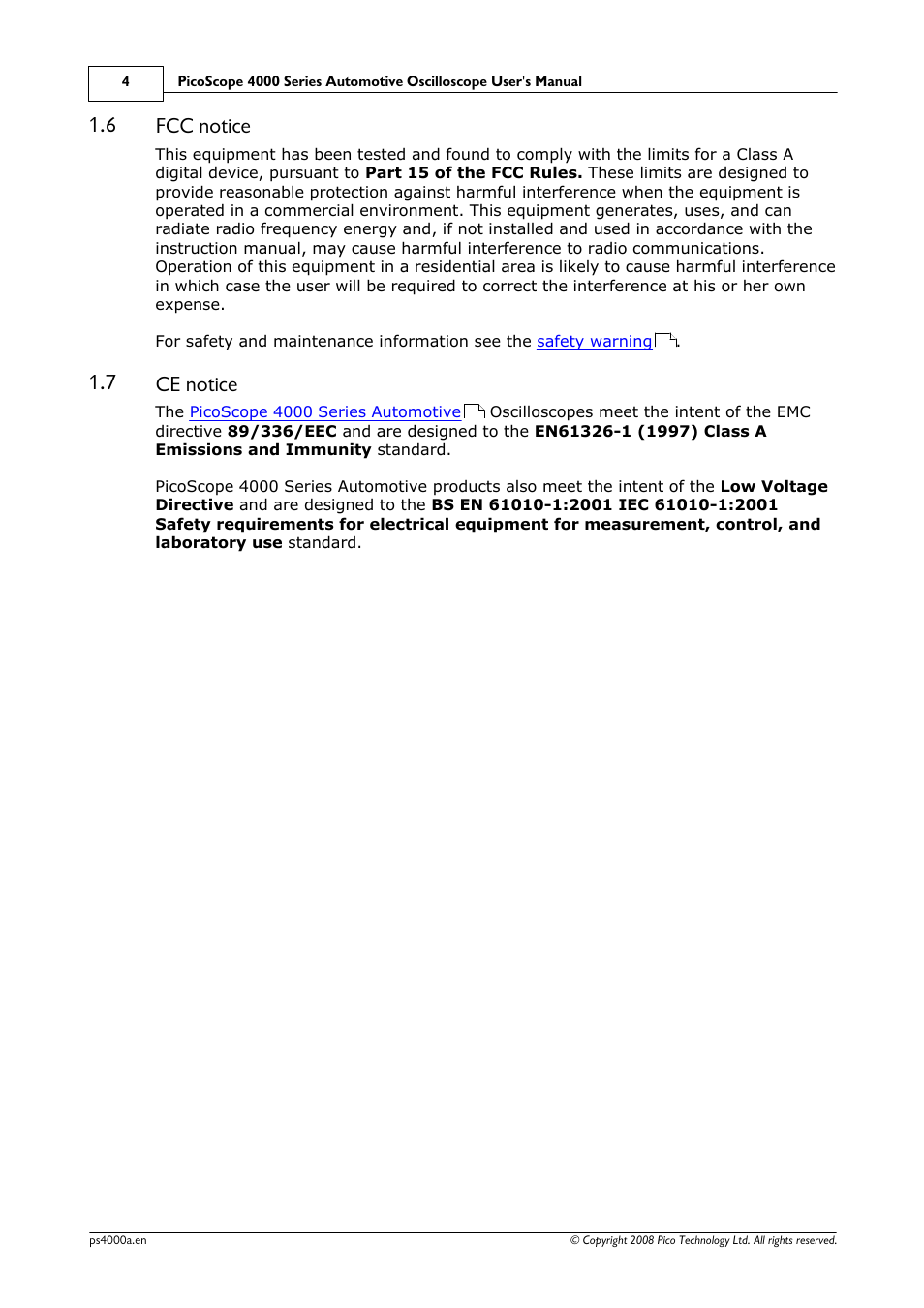 Fcc notice, Ce notice, 6 fcc notice | 7 ce notice | Pico Macom Pico Technology PicoScope 4000 Automotive PC Oscilloscopes User Manual | Page 8 / 18