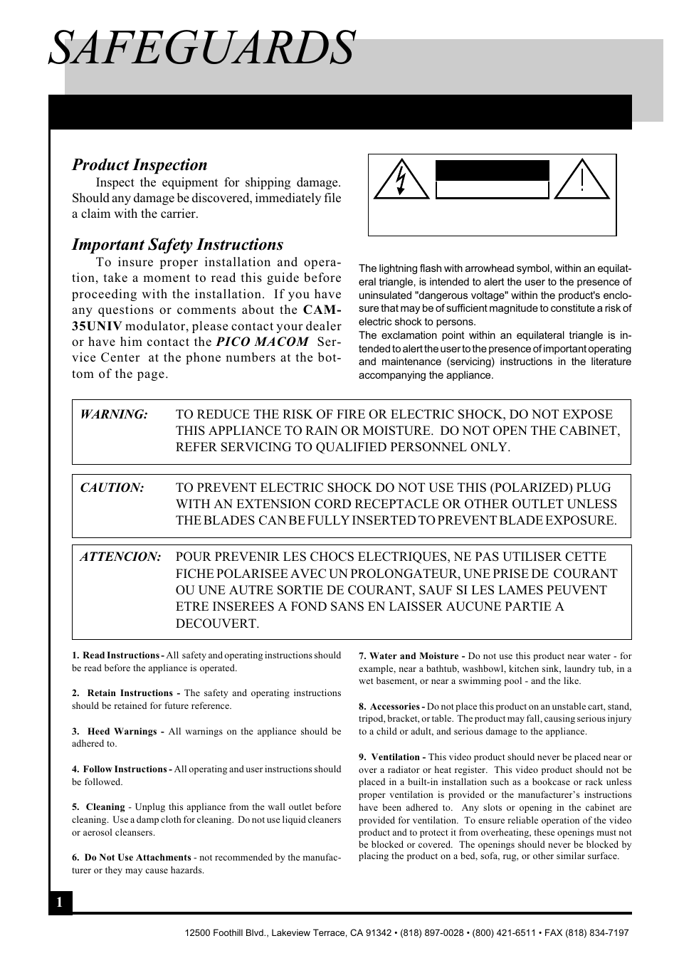 Safeguards, Importent information, Product inspection | Important safety instructions, Caution | Pico Macom CAM-35UNIV User Manual | Page 2 / 12