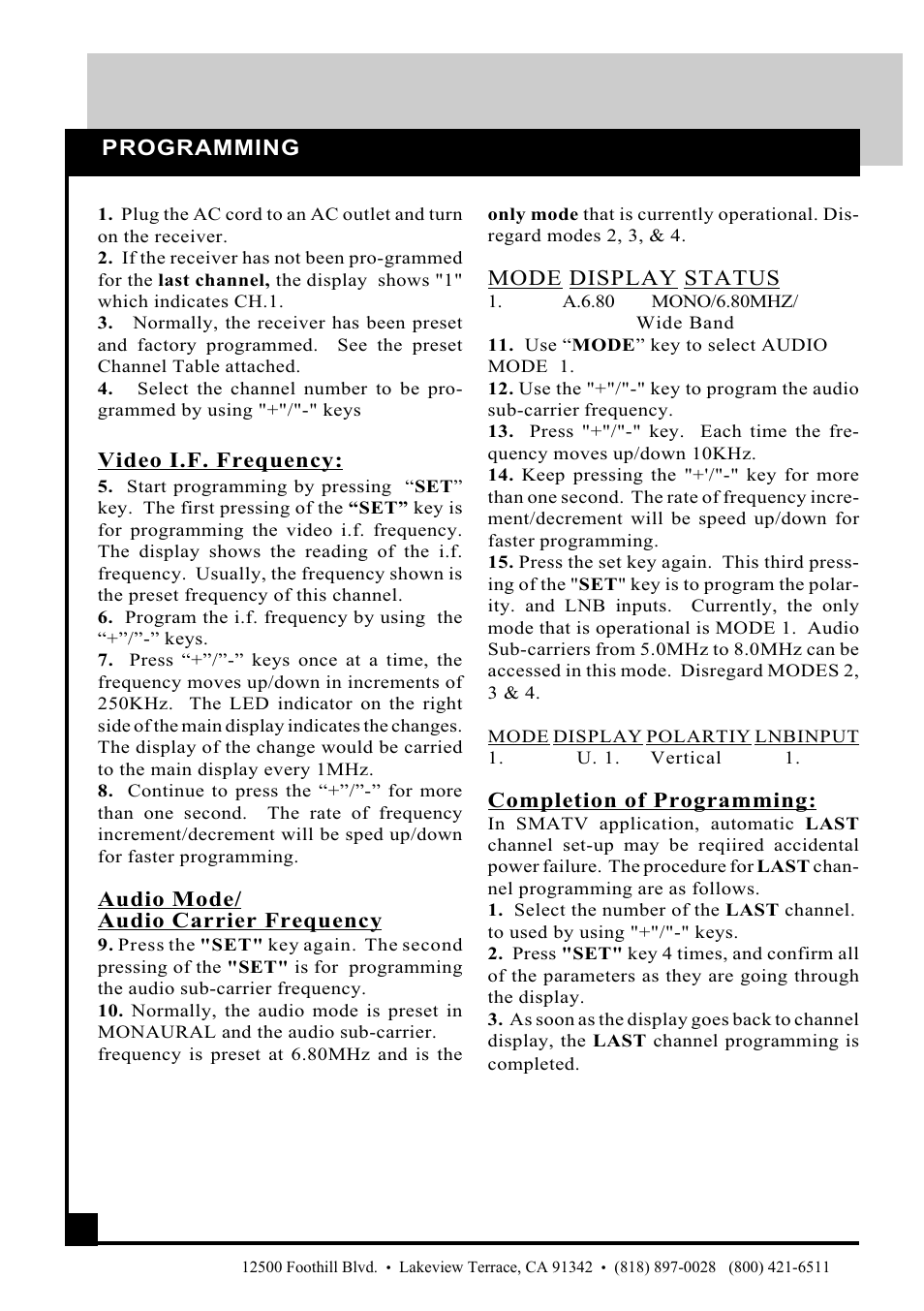 Programming, Video i.f. frequency, Audio mode/ audio carrier frequency | Mode display status, Completion of programming | Pico Macom PR3200 User Manual | Page 10 / 16