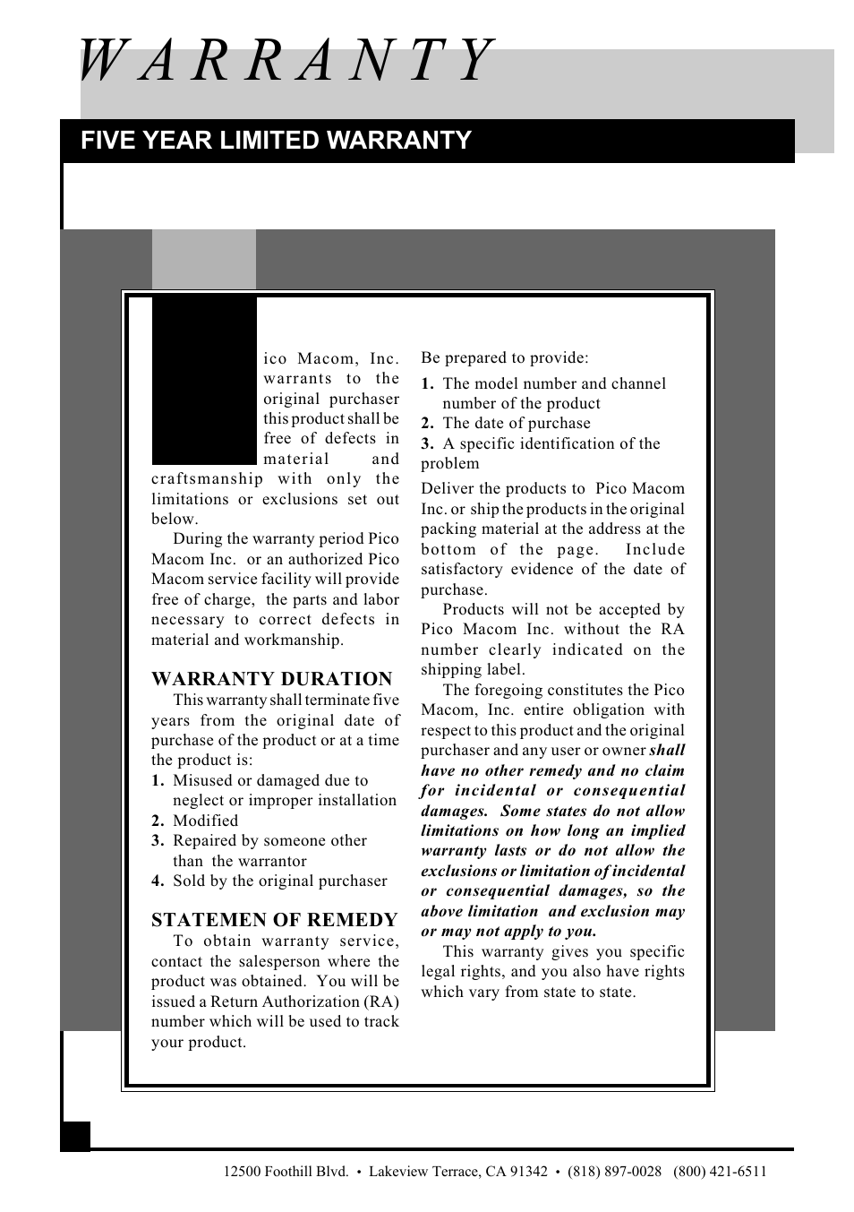 Five year limited warranty | Pico Macom PR3200 User Manual | Page 12 / 16