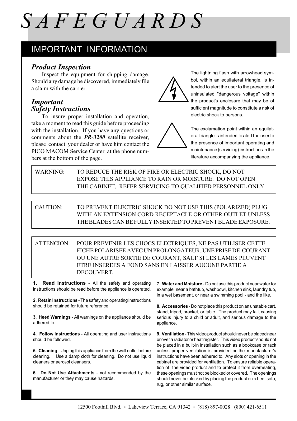 Important information, Product inspection, Important safety instructions | Pico Macom PR3200 User Manual | Page 2 / 16