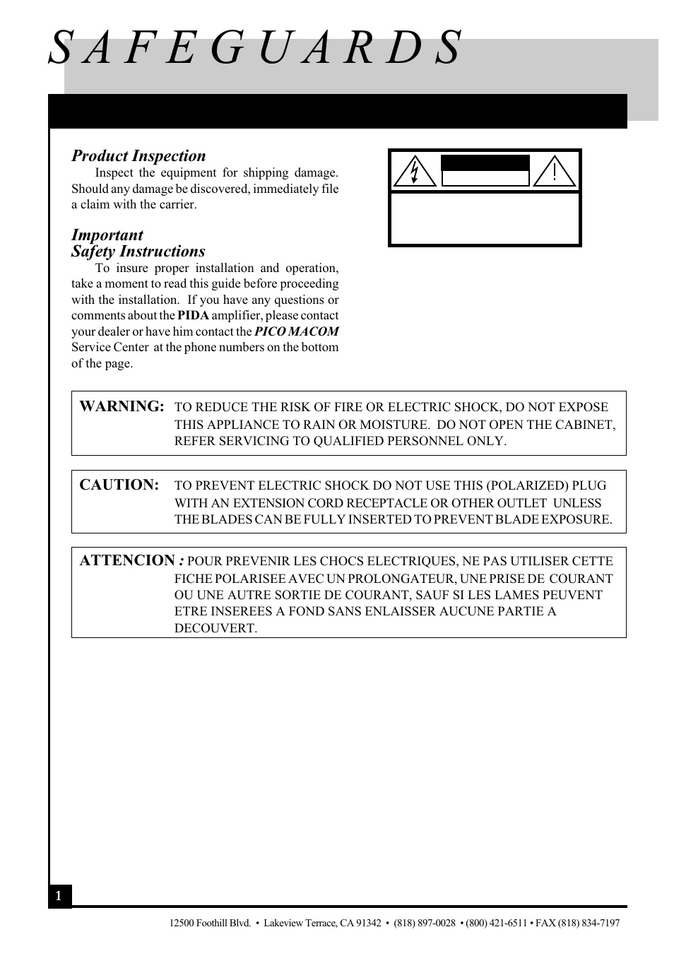 Important information, Product inspection, Important safety instructions | Warning, Caution, Attencion | Pico Macom PIDA-550 User Manual | Page 2 / 12
