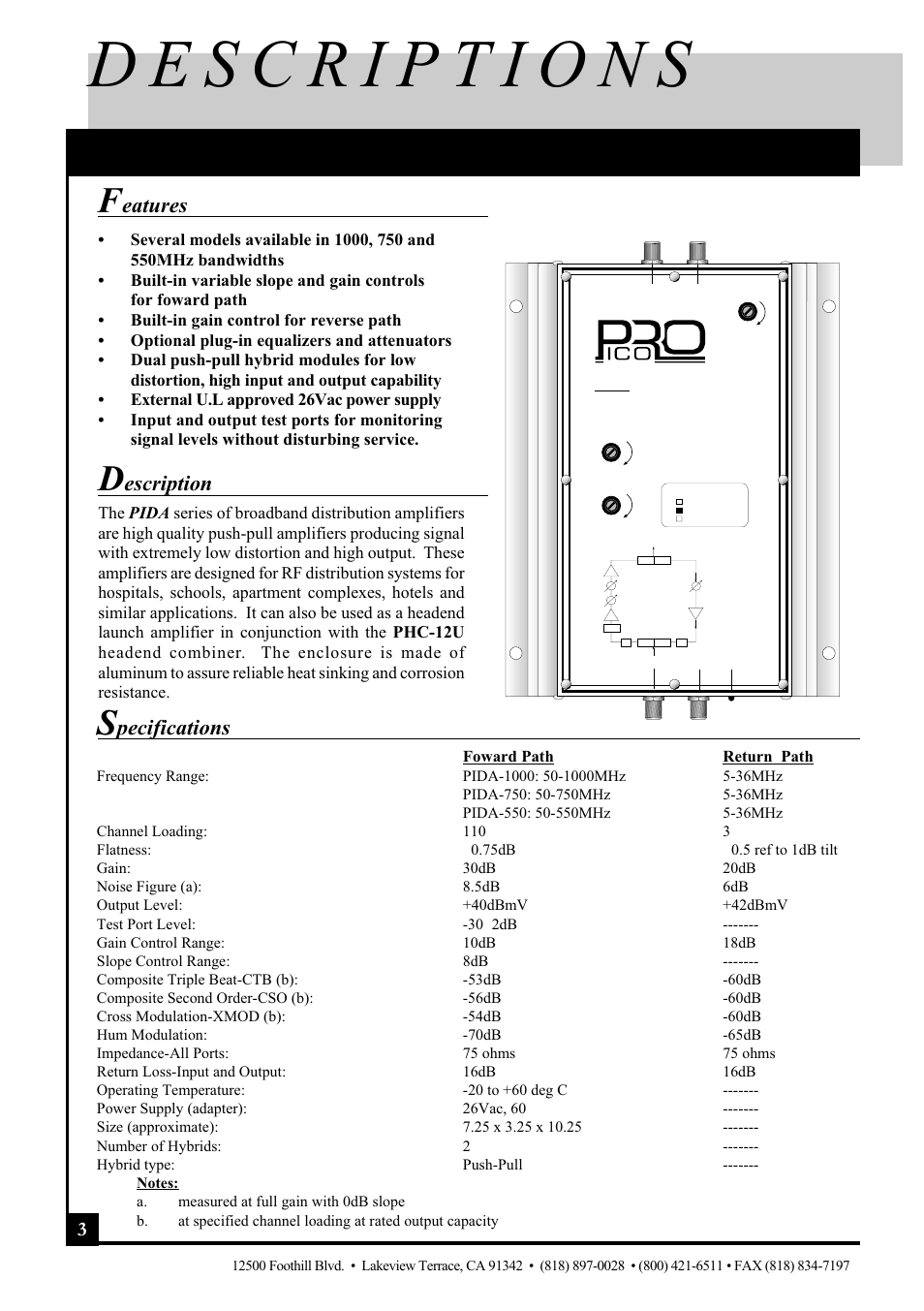 And specifications, Eatures, Escription | Pecifications, Pico macom, inc | Pico Macom PIDA-550 User Manual | Page 4 / 12
