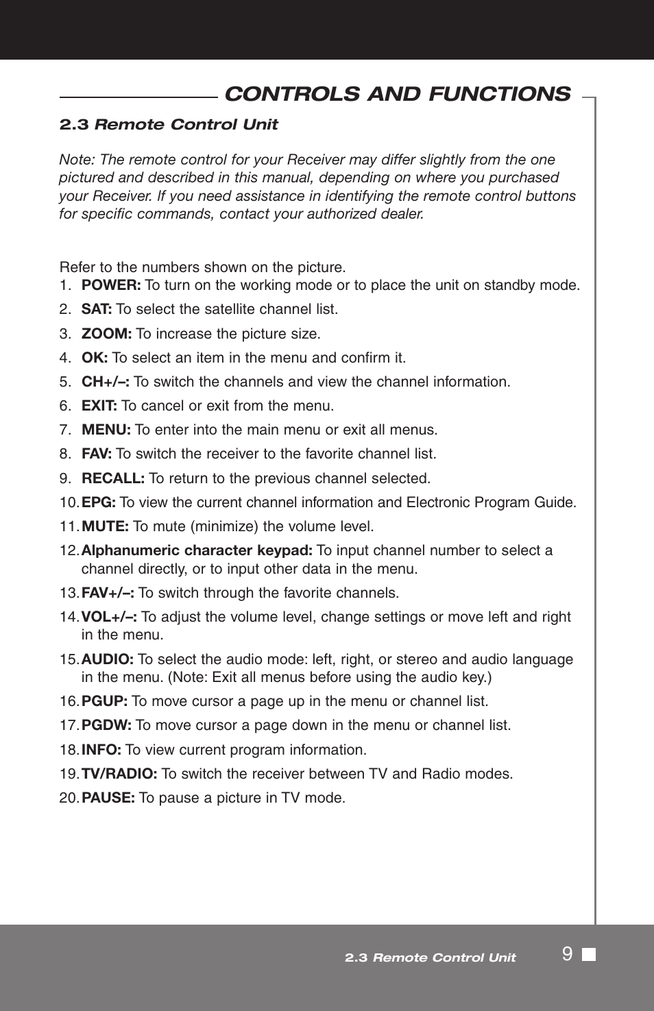 9controls and functions | Pico Macom SIRD-FTA User Manual | Page 9 / 52