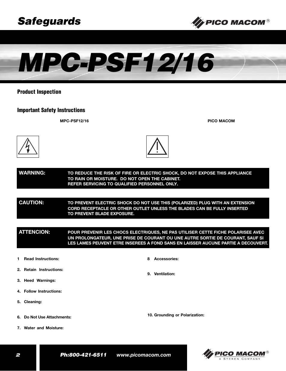 Mpc-psf12/16, Safeguards | Pico Macom MPC-PSF16 User Manual | Page 2 / 8