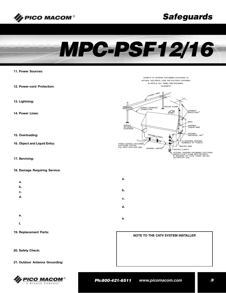 Mpc-psf12/16, Safeguards | Pico Macom MPC-PSF16 User Manual | Page 3 / 8