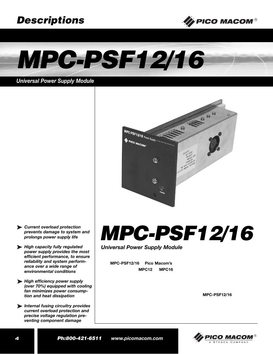 Mpc-psf12/16, Descriptions | Pico Macom MPC-PSF16 User Manual | Page 4 / 8