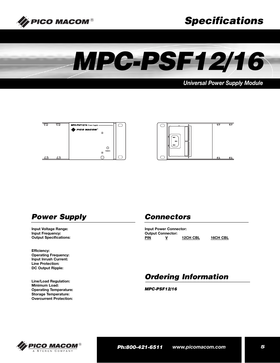 Mpc-psf12/16, Specifications, Power supply ordering information | Connectors, Universal power supply module | Pico Macom MPC-PSF16 User Manual | Page 5 / 8