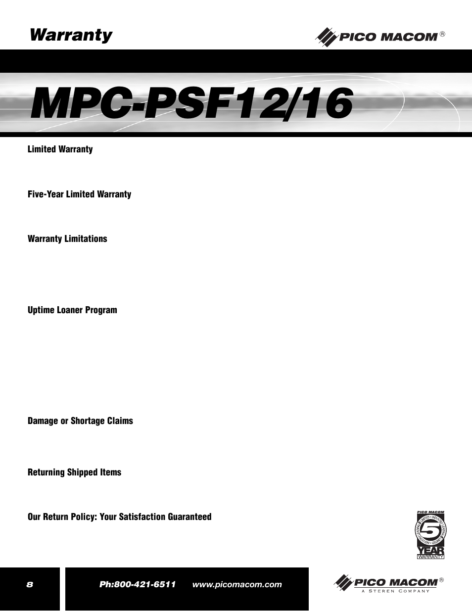 Mpc-psf12/16, Warranty | Pico Macom MPC-PSF16 User Manual | Page 8 / 8