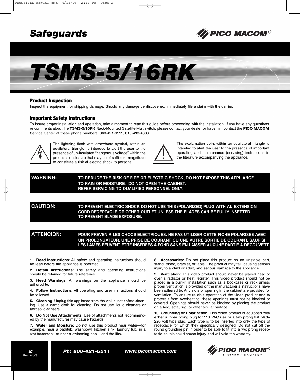 Tsms-5/16rk, Safeguards | Pico Macom TSMS-5/16RK User Manual | Page 2 / 8