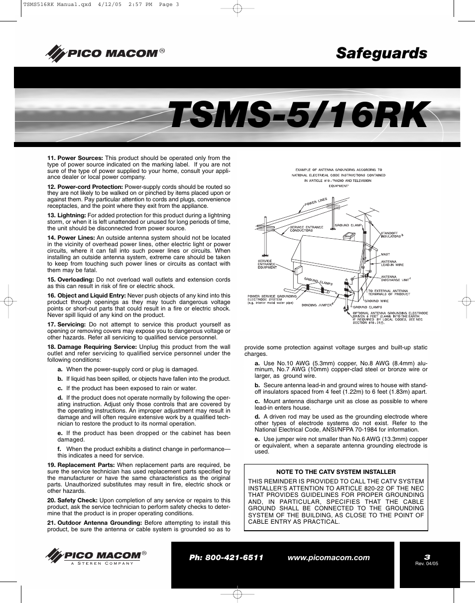 Tsms-5/16rk, Safeguards | Pico Macom TSMS-5/16RK User Manual | Page 3 / 8