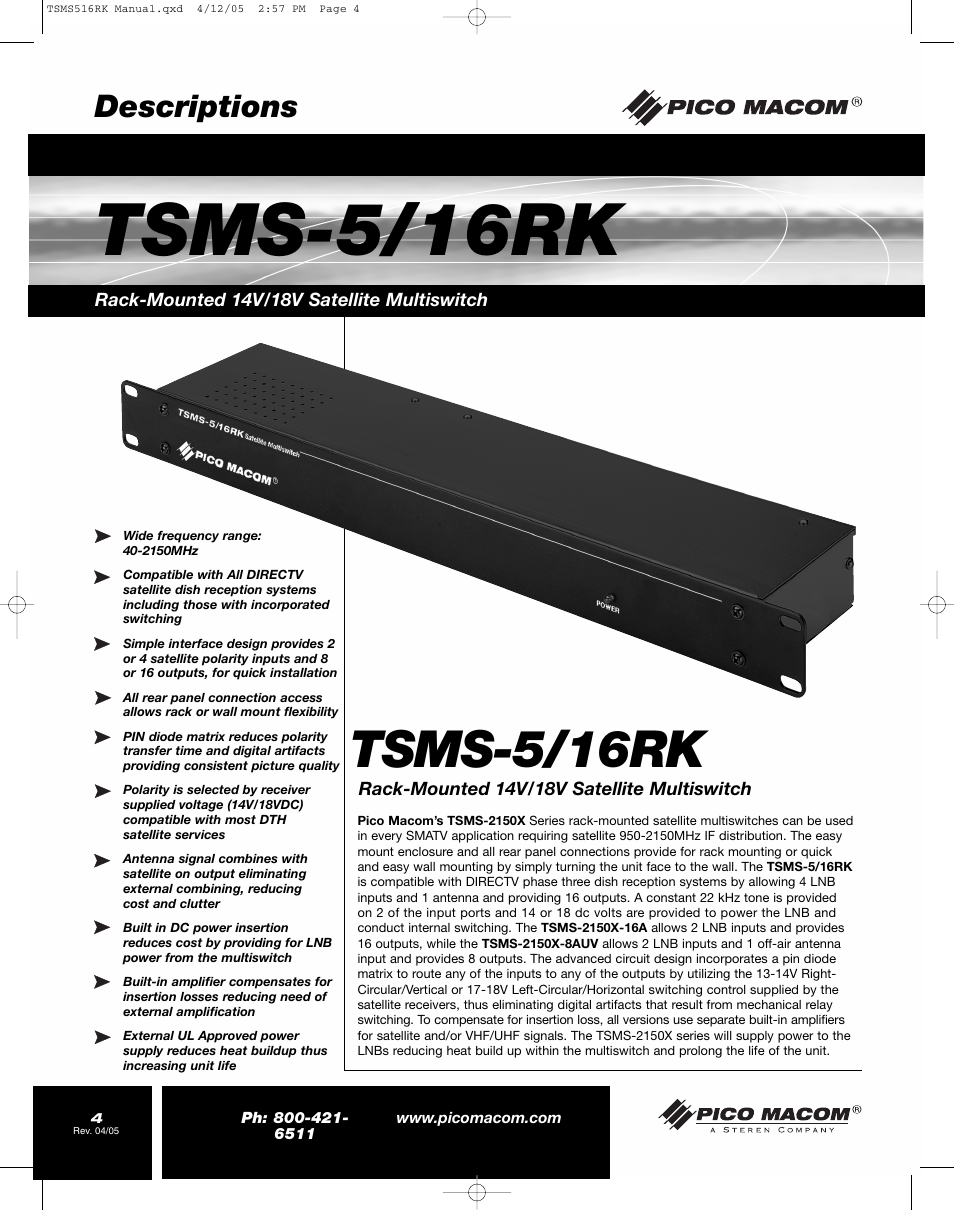 Tsms-5/16rk, Descriptions | Pico Macom TSMS-5/16RK User Manual | Page 4 / 8