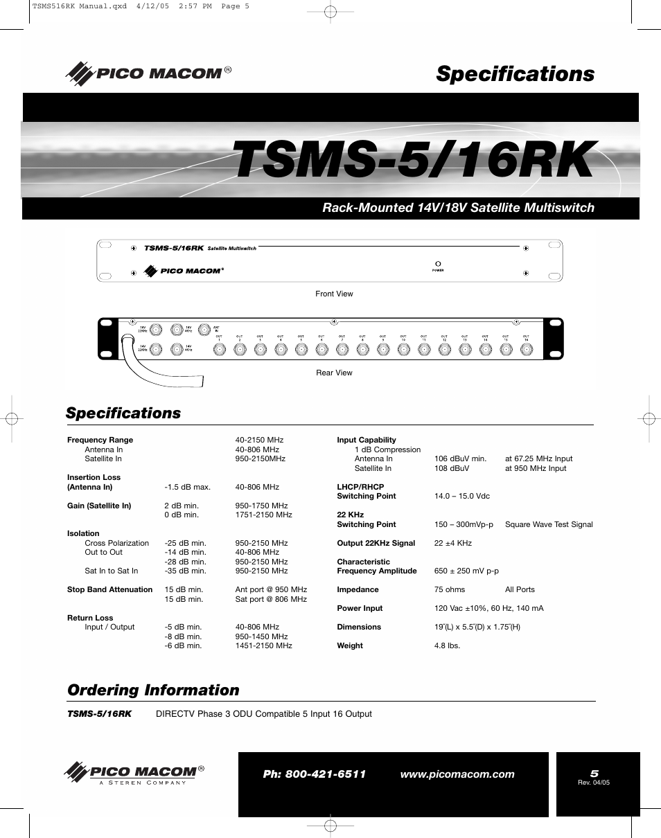 Tsms-5/16rk, Specifications, Ordering information | Rack-mounted 14v/18v satellite multiswitch | Pico Macom TSMS-5/16RK User Manual | Page 5 / 8