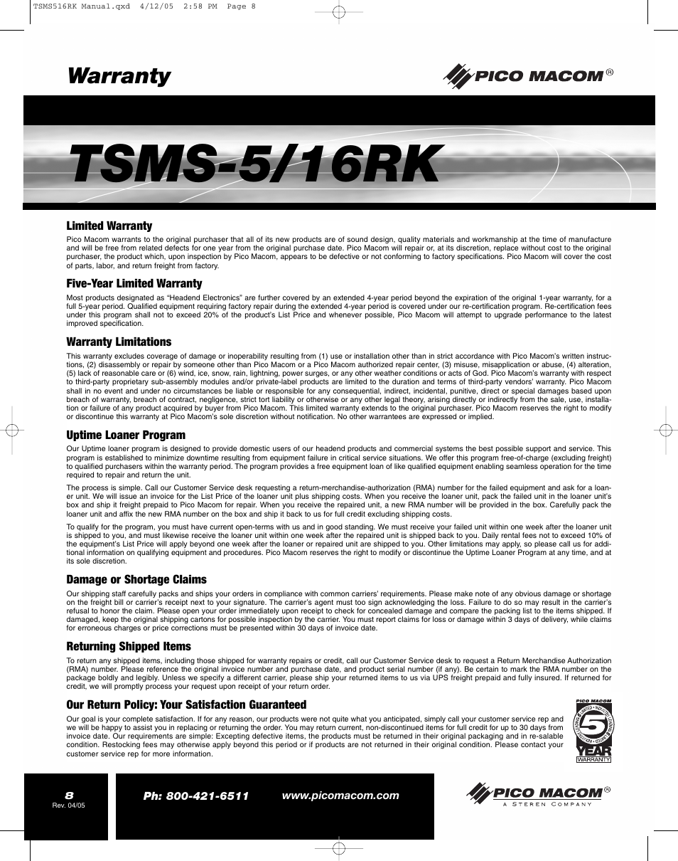 Tsms-5/16rk, Warranty | Pico Macom TSMS-5/16RK User Manual | Page 8 / 8