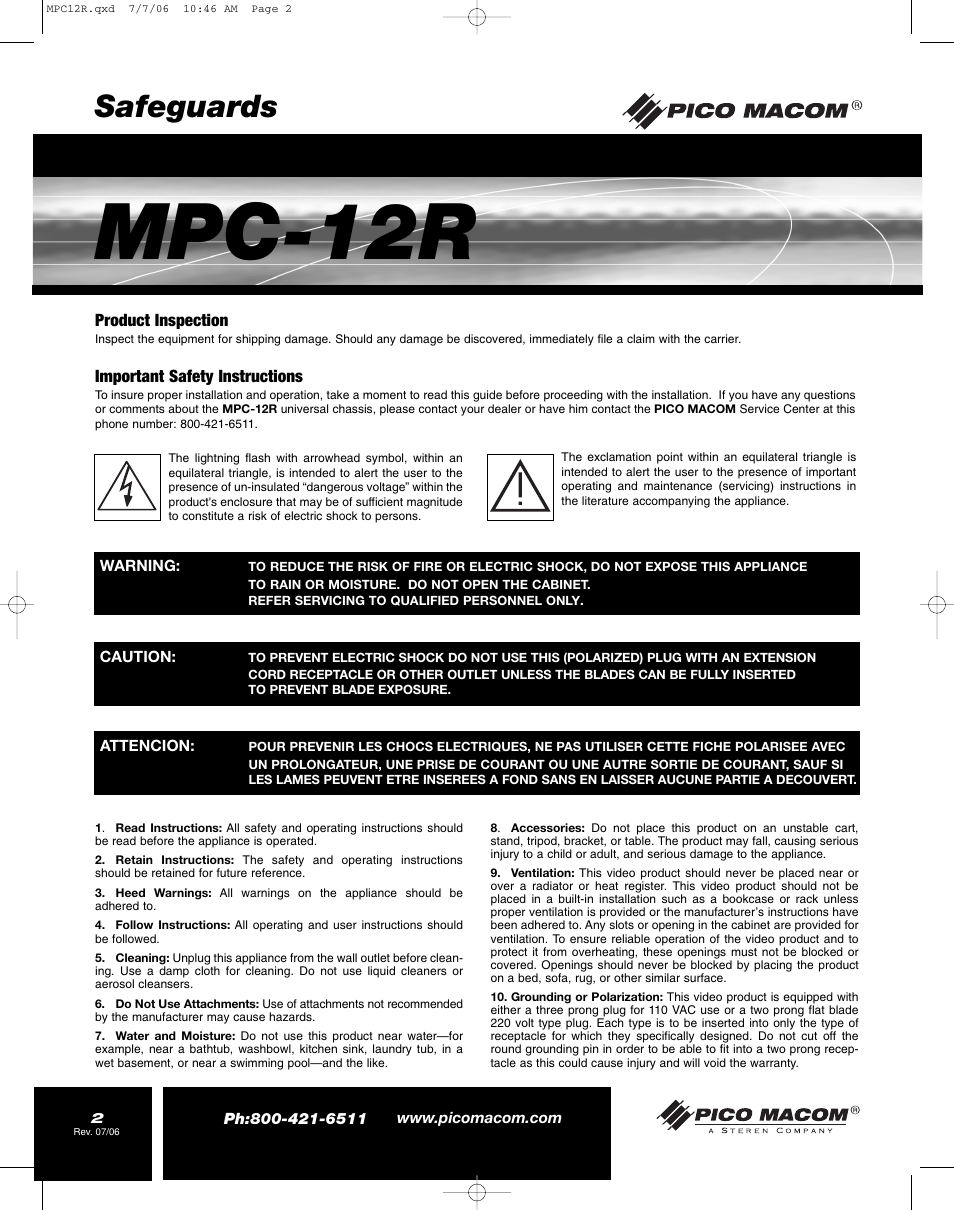Mpc-12r, Safeguards | Pico Macom MPC-12R User Manual | Page 2 / 8