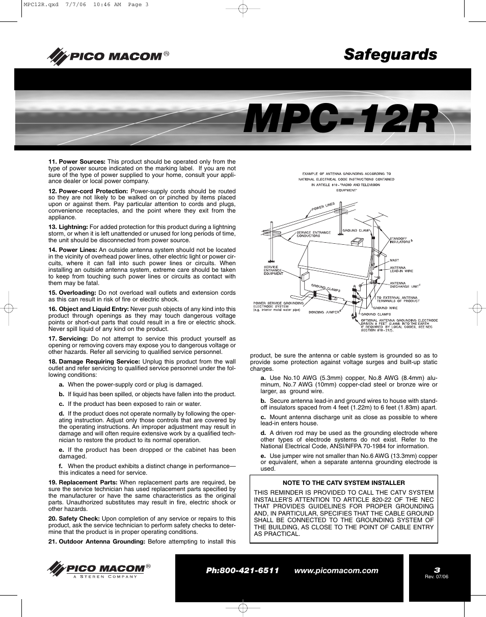 Mpc-12r, Safeguards | Pico Macom MPC-12R User Manual | Page 3 / 8