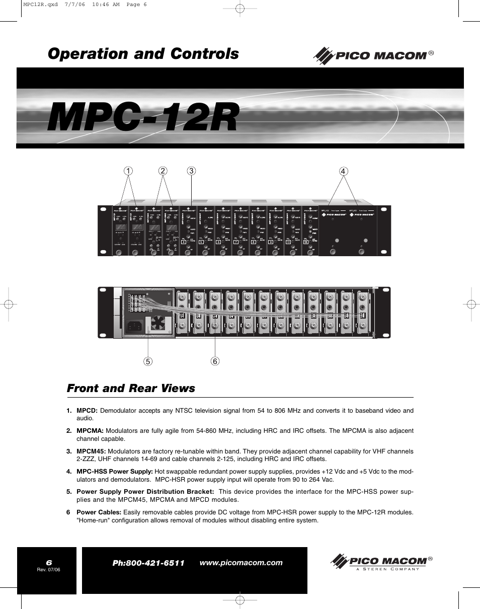 Mpc-12r, Operation and controls, Front and rear views | Pico Macom MPC-12R User Manual | Page 6 / 8